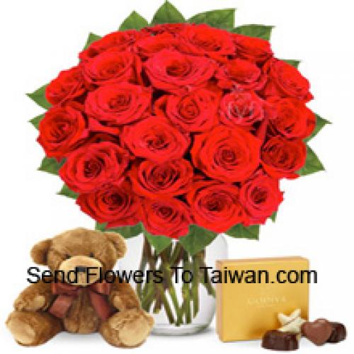 30 Roses rouges avec chocolats importés et un ours en peluche