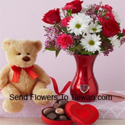 Rosas y Gerberas con lindo oso de peluche y chocolates