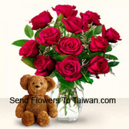 12 Red Roses with Cute 12 Inch Teddy