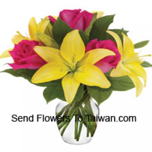 Pink Roses and Yellow Lilies in Vase