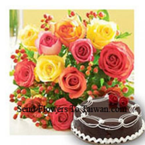 12 Mixed Roses with Yummy Chocolate Cake