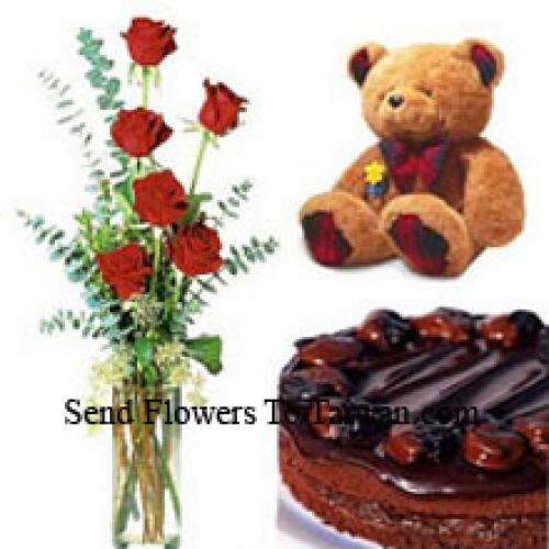 6 Red Roses with Chocolate Cake and Teddy