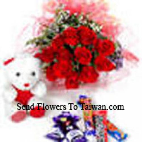 12 Red Roses with White Teddy and Chocolates