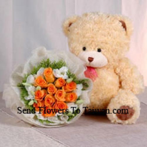 12 Rose Arancioni con Orso Carino