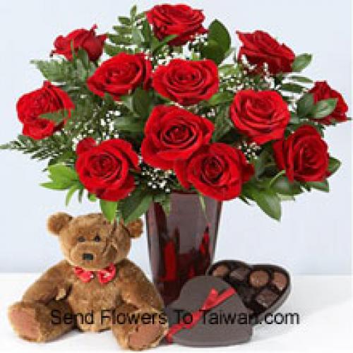 10 Inch Teddy with Chocolate Box and 12 Red Roses