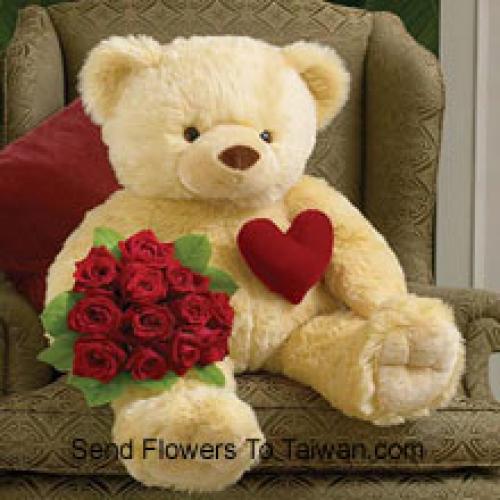 12 Red Roses with Cuddly 32 Inches Teddy