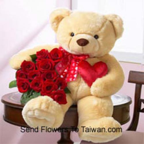 12 Schattige Rozen met 24 Inch Teddybeer