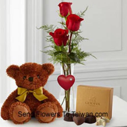 3 Red Roses with Teddy and Chocolates