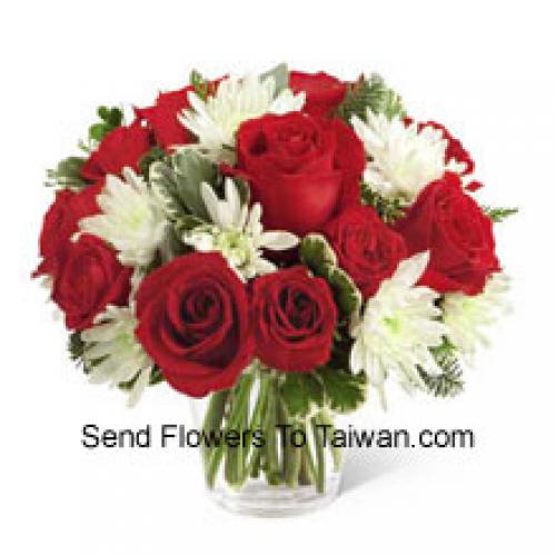 Red Roses and Cute chrysanthemums in Vase